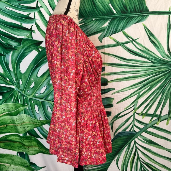 Lane Bryant 14/16 Red Floral Semi-Sheer Cinched Waist Spring Summer V Neck Top - Picture 4 of 9